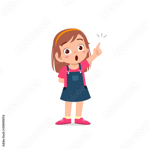 cute little kid girl thinking and has an idea face expression gesture