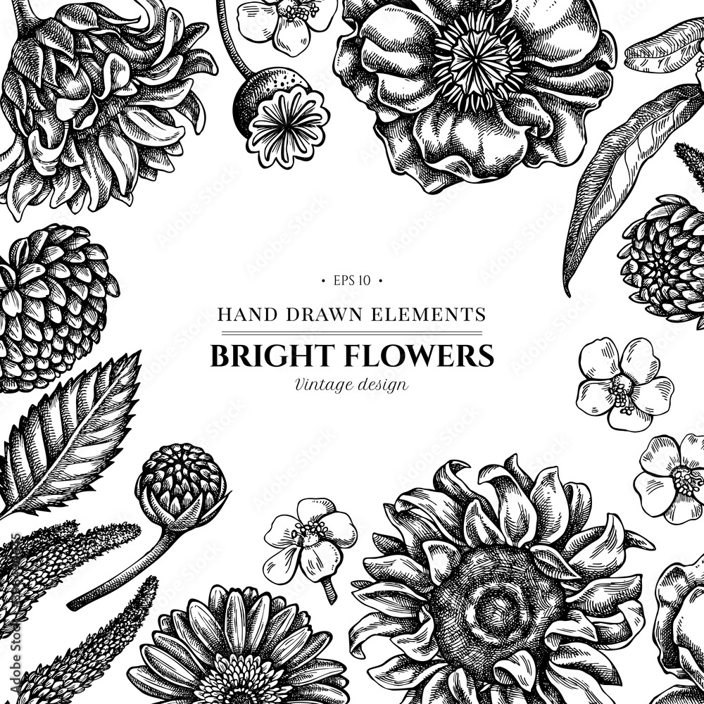 Floral design with black and white poppy flower, gerbera, sunflower