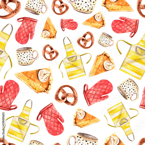 Watercolor seamless pattern of potholder, apron, baked pretzel and pumpkin pie. Great for wrapping paper, textile,seasonal greetings, cafe or pastry shop, banner. Kitchen elements background on white