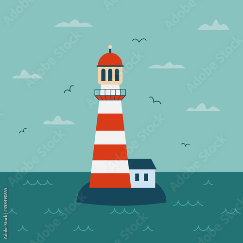 Lighthouse on island in middle of sea with clouds and waves in flat style. Vector illustration of seascape
