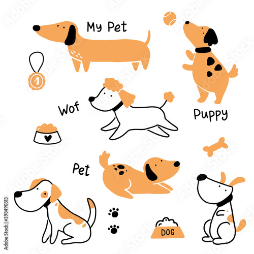 Set of cute puppy dog pet. Happy and funny dog collection. Cartoon animal character illustration.