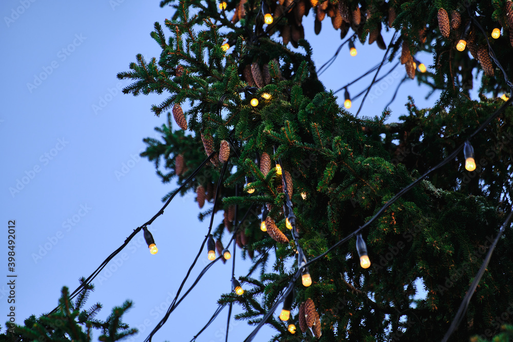 The Big Christmas tree is decorated with lamps against the blue sky.
