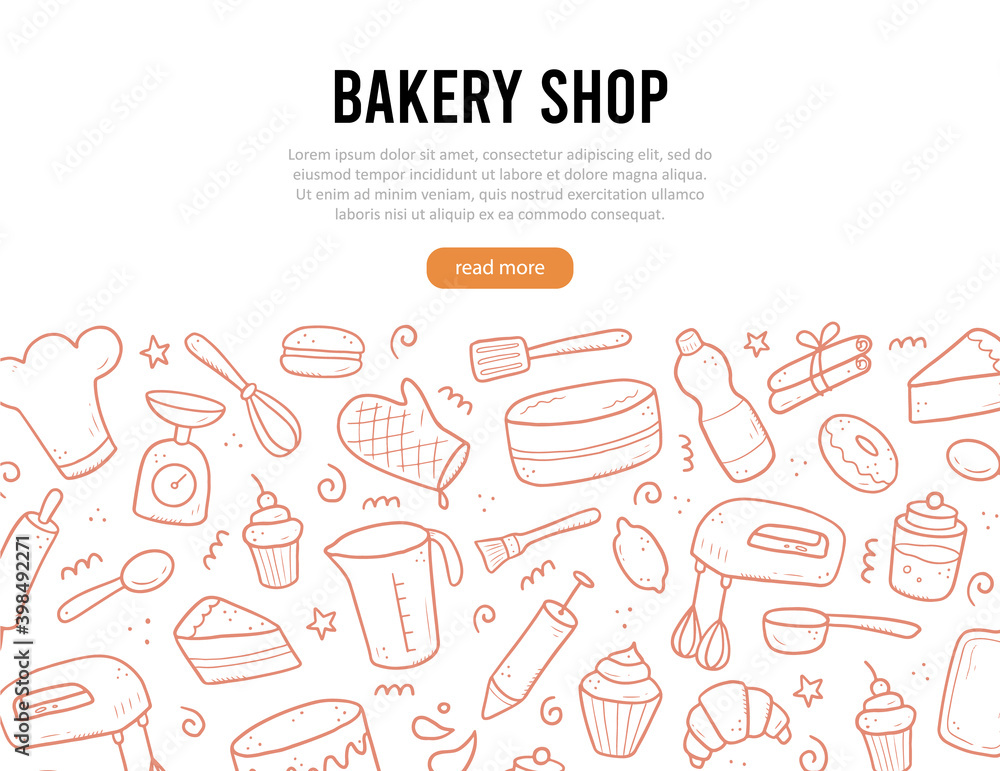 Hand drawn set of baking and cooking tools, mixer, cake, spoon, cupcake, scale. Doodle sketch style. Illustration for bakery site, banner design. Hand drawn set of baking and cooking tools, mixer, cake, spoon, cupcake, scale. Doodle sketch style. Illustration for bakery site, banner design.