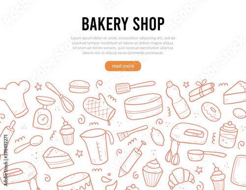 Hand drawn set of baking and cooking tools, mixer, cake, spoon, cupcake, scale. Doodle sketch style. Illustration for bakery site, banner design.