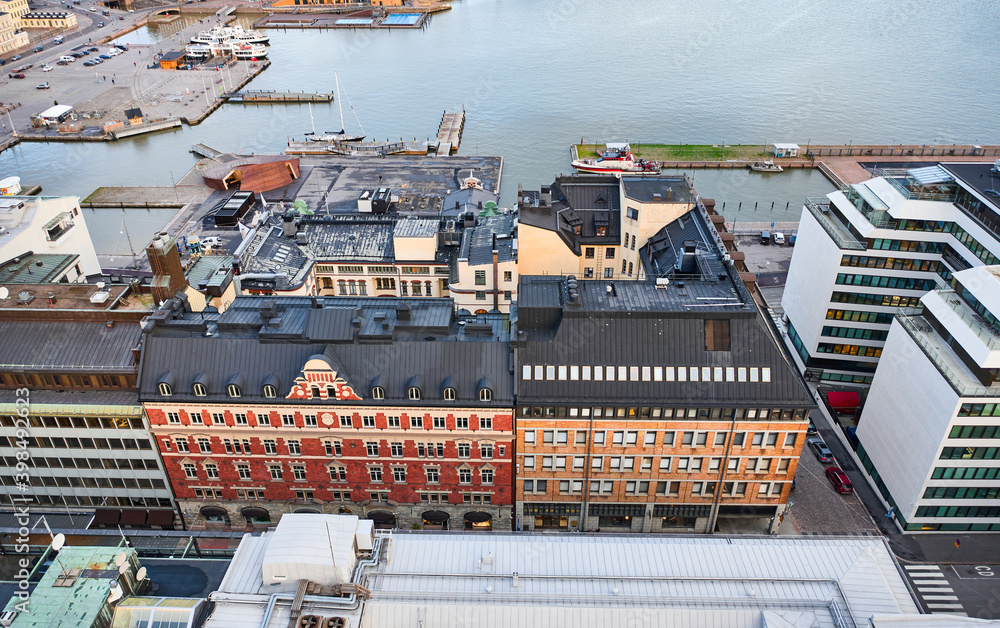 Aerial view of the historical buildings in Central Helsinki, Kaartinkaupunki neighborhood and South Harbour, Finland.