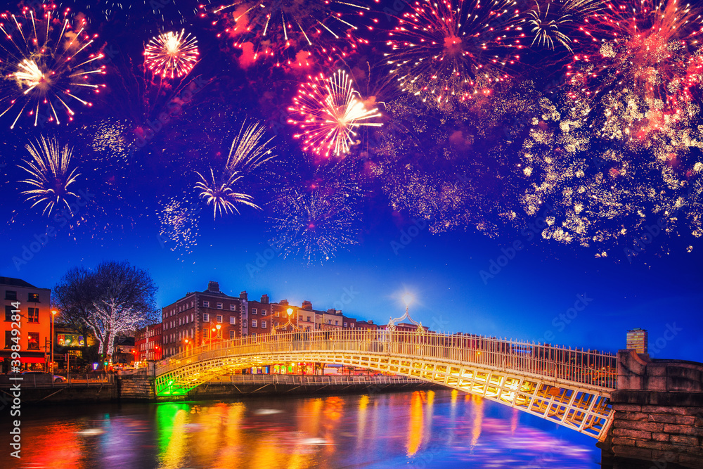 Dublin (Ireland) with fireworks during New Year's celebration Stock