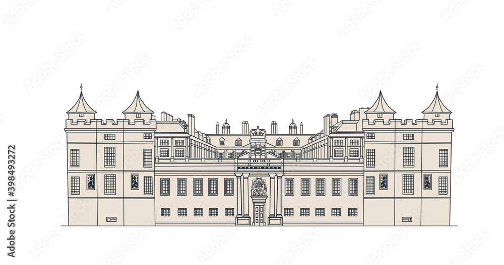 A digital line drawing of the Royal  Palace of Holyroodhouse, Edinburgh, Scotland