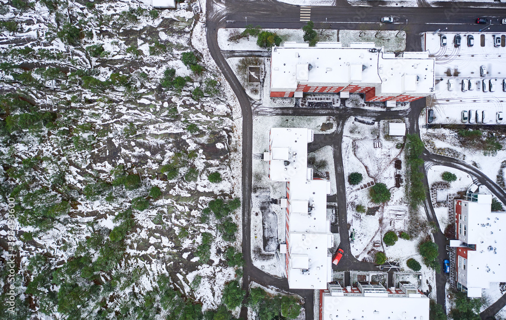 Aerial view of Matinkyla neighborhood of Espoo, Finland. First snow in the city.
