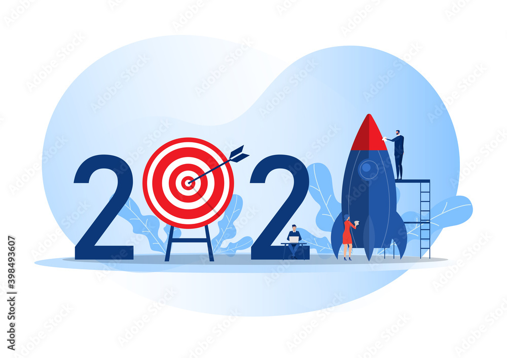 Team business prepare rocket launch start business target 2021 years concept vector illustrator - obrazy, fototapety, plakaty 