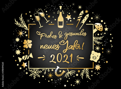 Wir wünschen frohes und gesundes neues Jahr 2021-  Kalligraphie mit Symbolen - deutscher Text