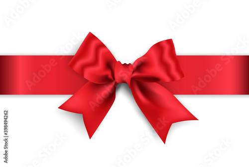 Realistic red bow with red wide ribbon isolated on white background, vector illustration