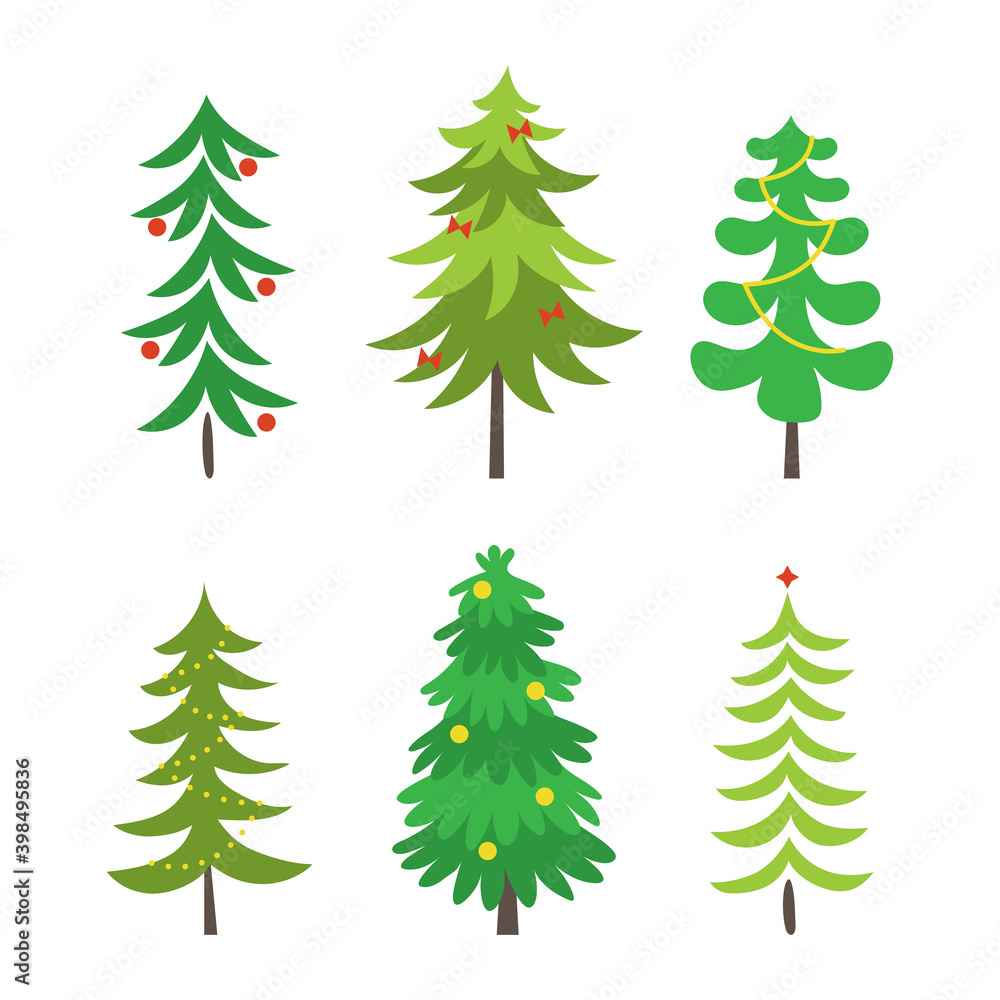 Set of hand drawn Christmas trees with Christmas decorations. Holidays background. Vector illustration. Design element