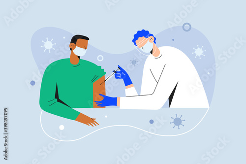 Coronavirus vaccination, doctor injecting a patient, getting first shot of covid vaccine in arm muscle. Medical doctor in protective suit and mask, process of immunization against covid-19