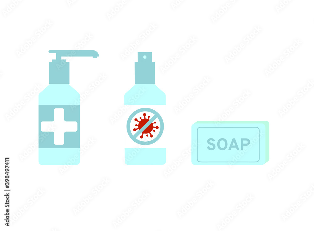 A set of hand products, soap, an antiseptic with a dispenser, a disinfectant spray. Vector illustration, flat cartoon minimal multicolored design, isolated on white background, eps 10. A set of hand products, soap, an antiseptic with a dispenser, a disinfectant spray. Vector illustration, flat cartoon minimal multicolored design, isolated on white background, eps 10.
