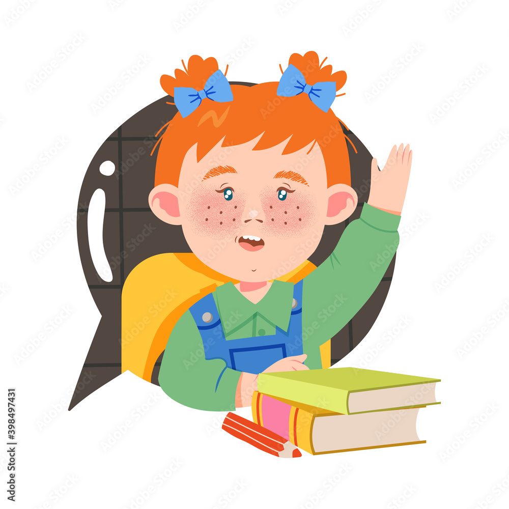 Funny Girl Character Sitting at School Desk Engaged in Primary Education Vector Illustration