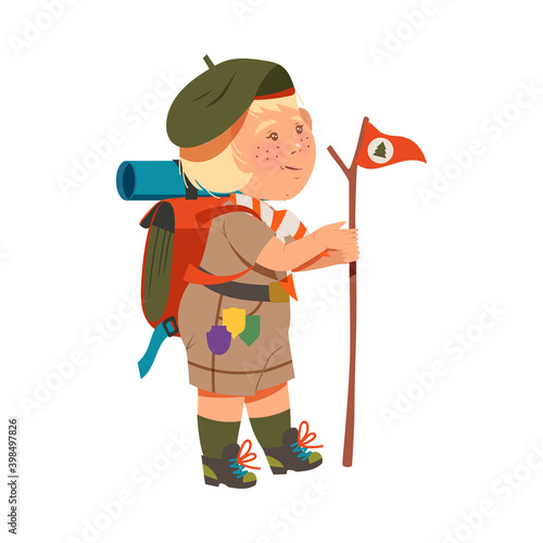 Freckled Girl Junior Scout with Backpack Holding Flag on Stick Vector Illustration