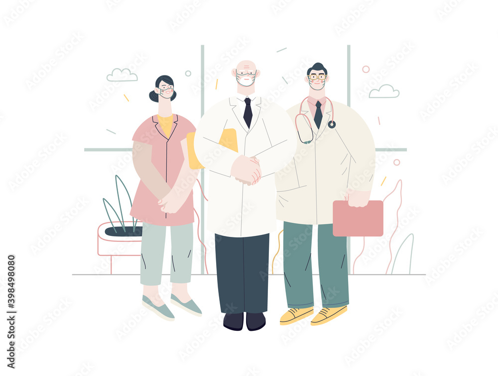 Medical insurance -medical guide -modern flat vector concept digital illustration - medical specialists standing together, team of doctors concept, medical office or laboratory