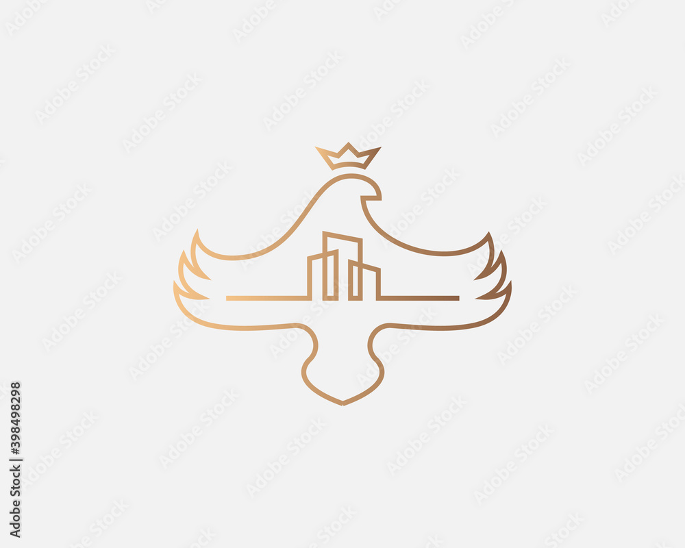Obraz premium Bird crown linear logo icon design minimal style illustration. Premium real estate, construction, private property emblem sign symbol logotype.