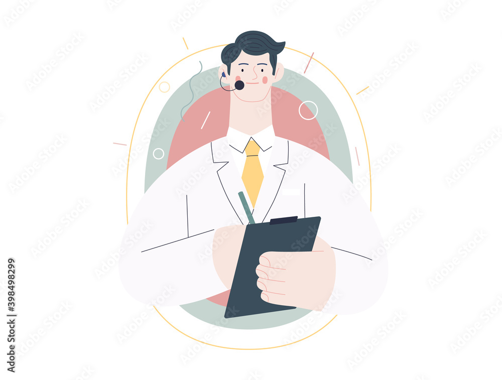 Medical insurance template -help 24 per 7, call us -modern flat vector concept digital illustration of male doctor with headset talking on the phone for a medical consultation. Medical company service Medical insurance template -help 24 per 7, call us -modern flat vector concept digital illustration of male doctor with headset talking on the phone for a medical consultation. Medical company service