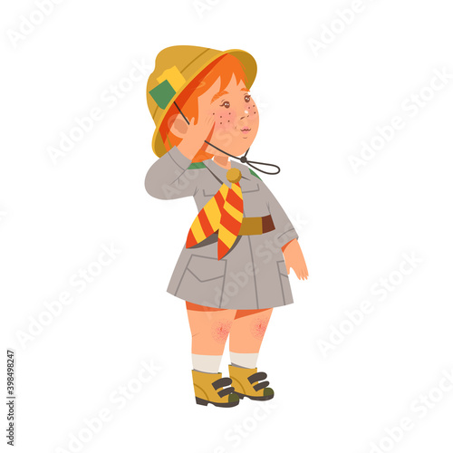 Cute Girl in Hat as Junior Scout Saluting Vector Illustration