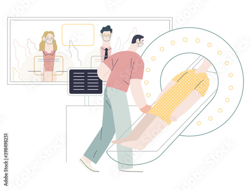 Medical tests illustration - magnetic resonance tomography - modern flat vector concept digital illustration of mri procedure - a patient in the scanner and doctor, medical office or laboratory