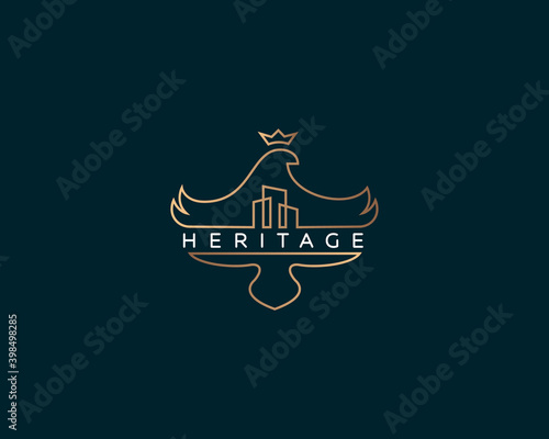 Bird crown linear logo icon design minimal style illustration. Premium real estate, construction, private property emblem sign symbol logotype.