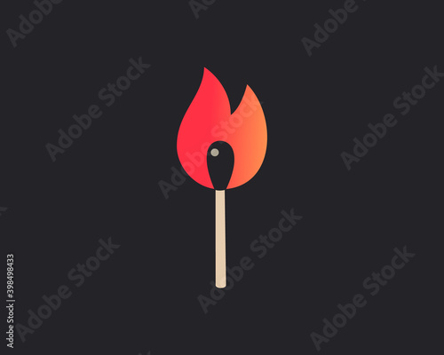 Burning match logo design template on black background. Universal concept fire, flame, burning, danger vector logotype sign minimal style illustration.