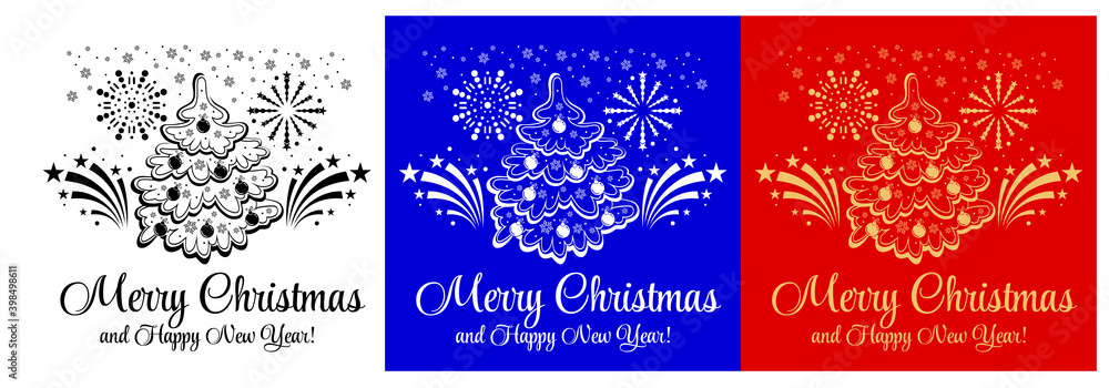 Set of New Year cards with a Christmas tree and fireworks in one color. Transparent, red and blue background. Vector Set of New Year cards with a Christmas tree and fireworks in one color. Transparent, red and blue background. Vector