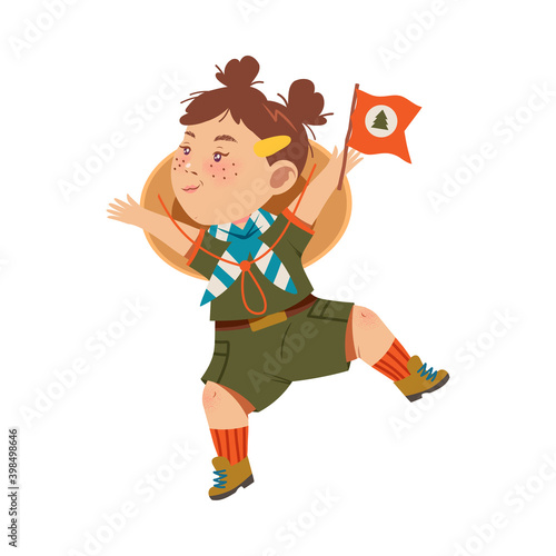 Cute Girl as Junior Scout Holding Flag and Jumping with Joy Vector Illustration