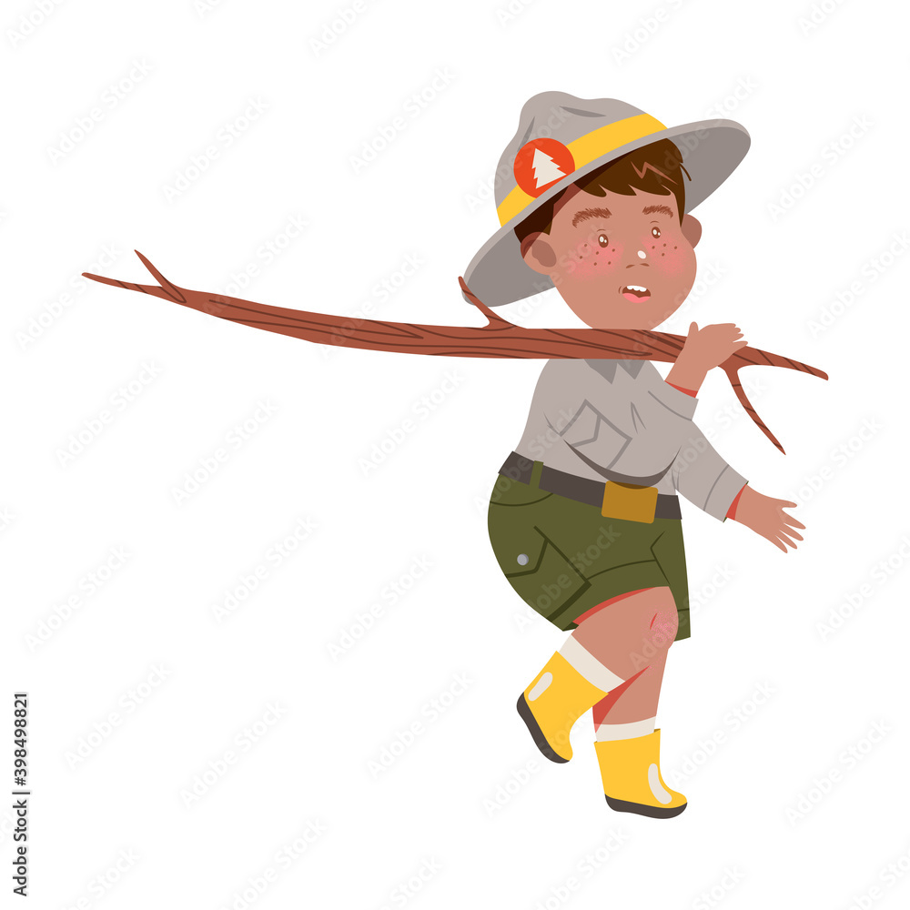 Freckled Boy as Junior Scout Carrying Wooden Stick Vector Illustration