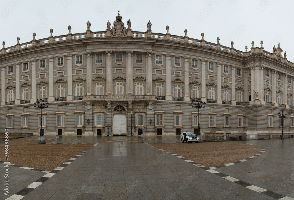 Heritage. Monumental architecture and design. Panorama view of the Royal Palace of Madrid baroque facade in Madrid, Spain.