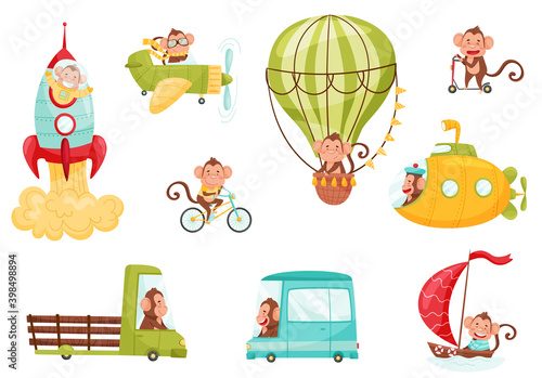 Funny Monkey with Protruding Ears Driving Bus and Riding Bicycle Vector Set