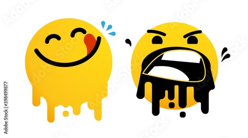 Bad experience feedback, unhappy client, overeating , tasteless, service quality, angry face, mad emoticon sticker. Yummy happy smile with tongue lick mouth. Delicious tasty food emoji, vector icon