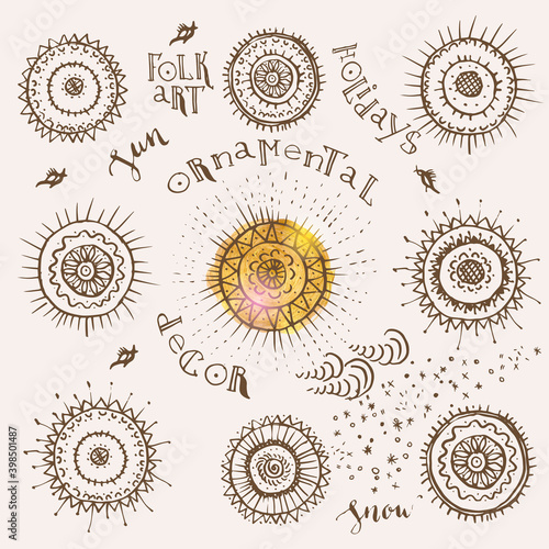 Hand drawn folk art ornamental sun set.