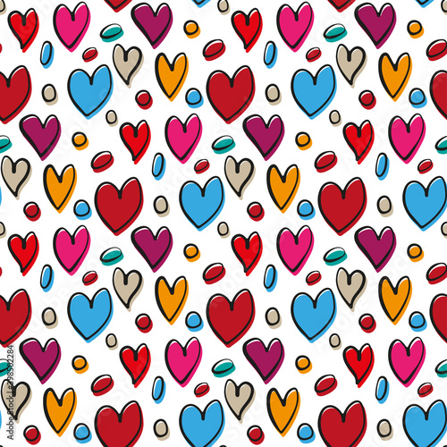 Bright colorful multicolored hearts and dots isolated on white background. Cute seamless pattern. Vector flat graphic hand drawn illustration. Texture.