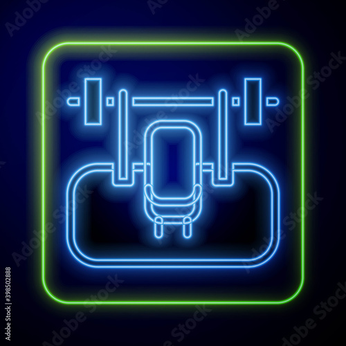Glowing neon Bench with barbel icon isolated on blue background. Gym equipment. Bodybuilding, powerlifting, fitness concept.  Vector.