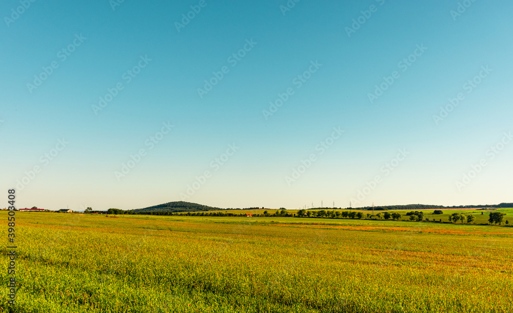 Rural landscape in Hungary. A field and a small hill in the background.