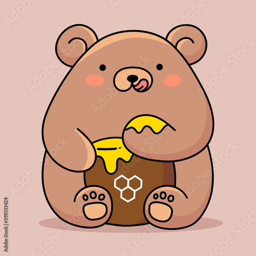 Vector illustration of cute happy bear eating honey from paw on brown color background