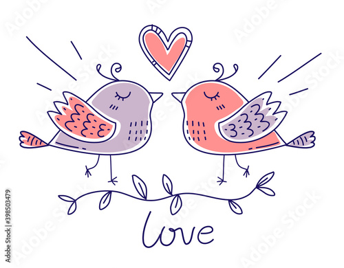 Vector romantic illustration of happy couple doodle bird with heart and word love