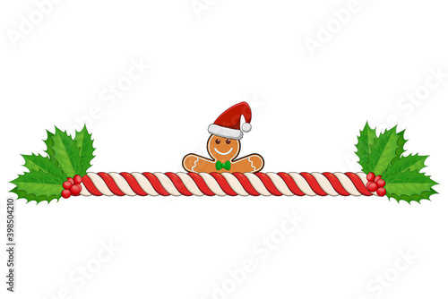 Candy cane divider. Holiday striped border isolated on white background. Christmas design element. Vector seasonal header line with holly berry. Decorative abstract frame pattern.