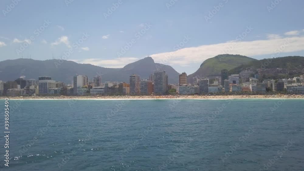 drone flight on Ipanema Beach in Rio de Janeiro distant view