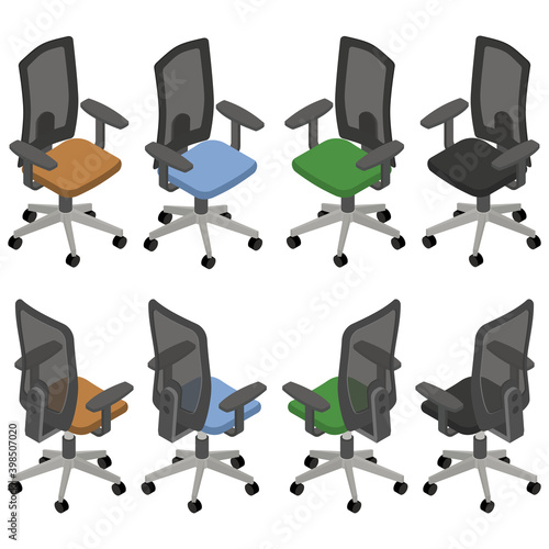 Isometric office chair in different colors. Front and back views. 3d rendering. Vector illustration. photo