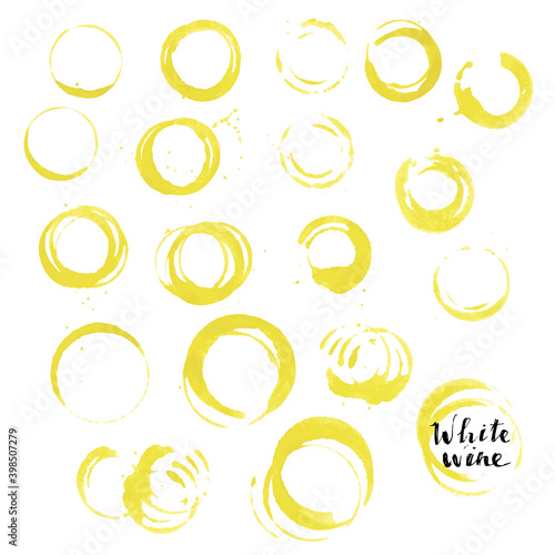 White wine glass prints. Yellow circles, stains, drops. For wine list an packaging design.