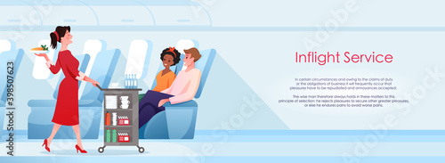Inflight service, cartoon stewardess serving people passengers on airplane board during flight