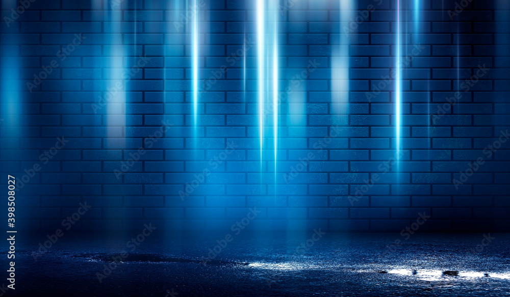 Dark brick wall, blue neon light. Rays and glare of light in the dark. Night view of a dark street, abstract projection on an empty wall. 3D illustration Dark brick wall, blue neon light. Rays and glare of light in the dark. Night view of a dark street, abstract projection on an empty wall. 3D illustration