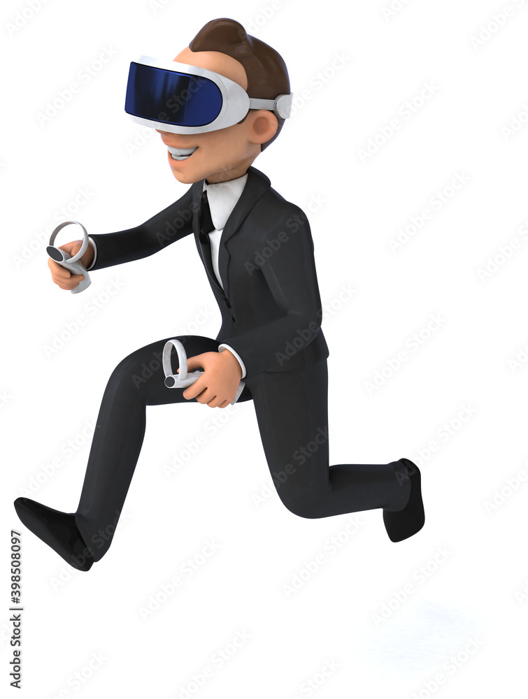 Fun 3D illustration of a cartoon businessman with a VR helmet Fun 3D illustration of a cartoon businessman with a VR helmet