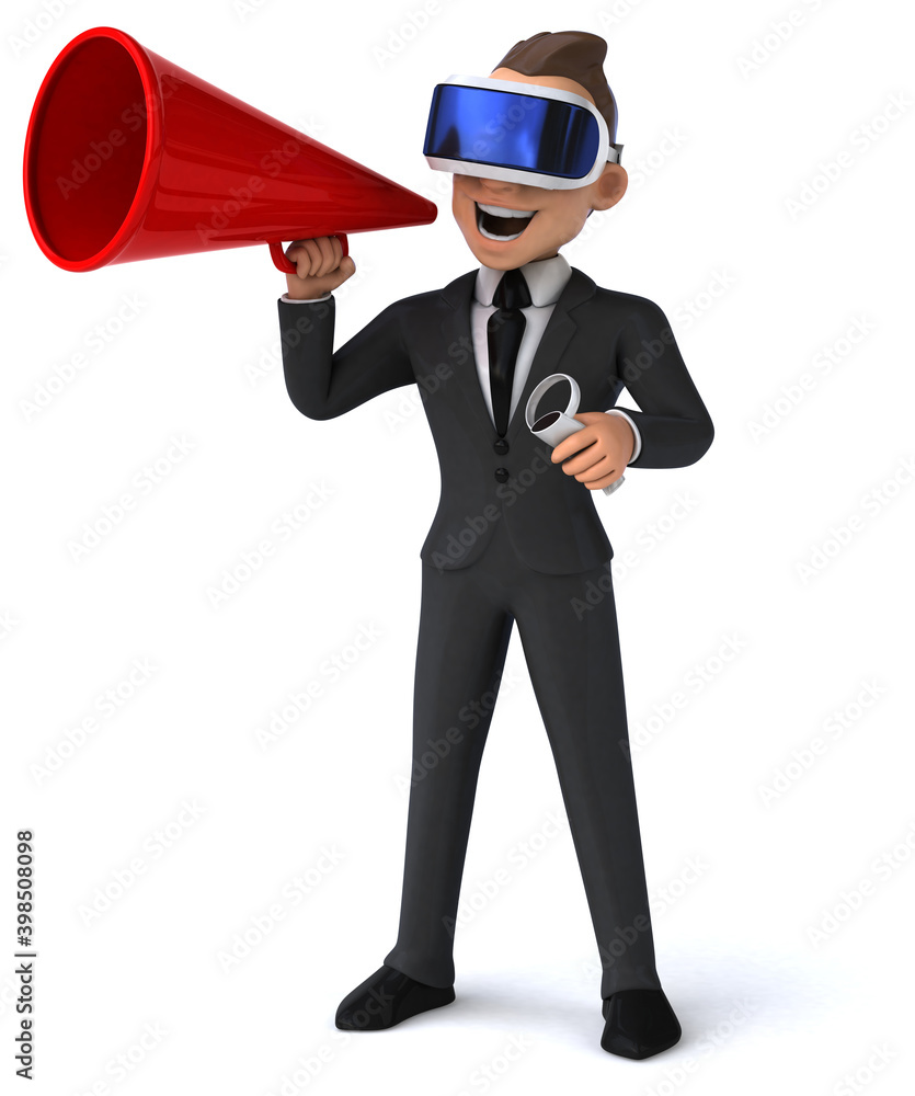Fun 3D illustration of a cartoon businessman with a VR helmet Fun 3D illustration of a cartoon businessman with a VR helmet