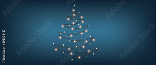 Twinkle lights in christmas tree shape on blue background. Merry Christmas and Happy Holidays greeting card, banner, frame. Tree Garland . new year