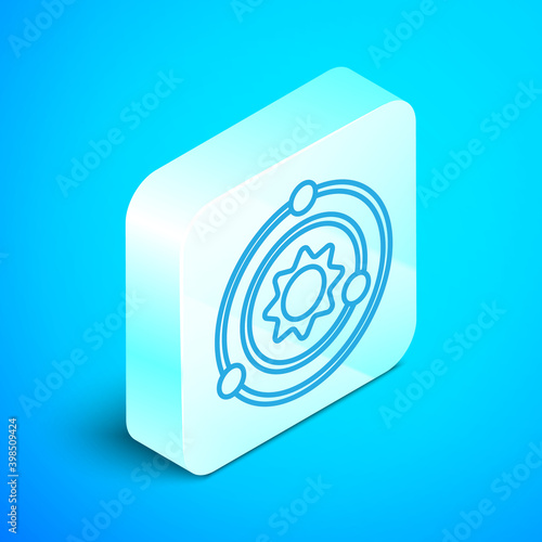 Isometric line Solar system icon isolated on blue background. The planets revolve around the star. Silver square button. Vector