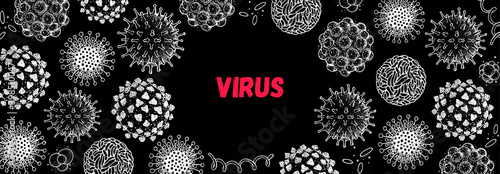 Different kinds of virus, sketch collection. Hand drawn illustration, vintage engraved style. Respiratory virus infection. Corona virus. Coronavirus 2019-nCoV and other viruses. Macro drawing.
